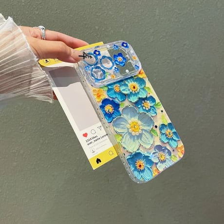 CUTECASE 油絵花 iPhone17Promaxケースストーンライン iPhone16Pro/15/14ケース 光沢感 可愛い 美しいCM6207