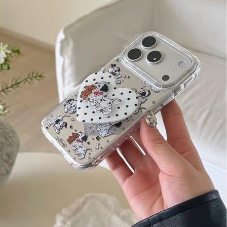 CUTECASE ダルメシアン 鏡付 iPhone17pro/17ケース グリップ付き iPhone16/15promax/14ケース かわいい 多機能便利CM6217