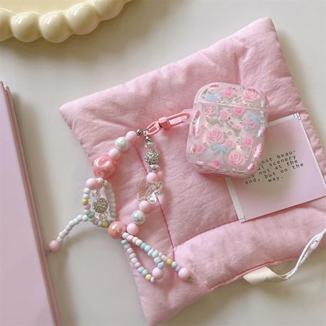 CUTECASEピンク花柄 Airpods 4ケース リボンキーチェーン付 Airpods3/Pro2ケース airpodsproカバー 大人可愛い ガーリーファッション CM5258
