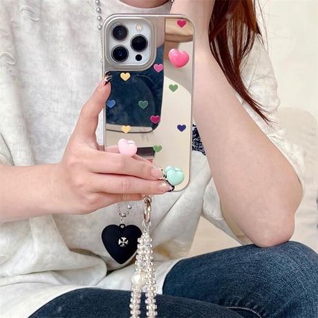 CUTECASEハート柄 iPhone16pro/16ケース ジュエリーストラップ メイク鏡 iPhone15pro/14/13ケース 大人可愛い 多機能 CM5140