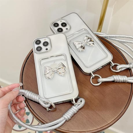 CUTECASE リボンカード入れ iPhone15pro/15promaxケース 短い/長いストラップ付 iPhone14pro/13/12カバー メッキ 便利 CM4387