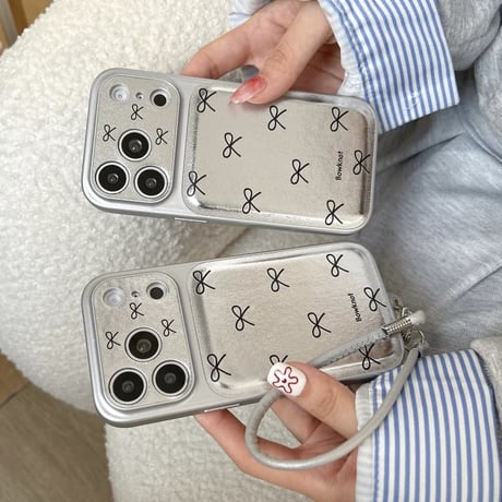 CUTECASE リボン柄 iPhone17pro/17ケース カメラカバー付 シルバー iPhone16/15promax/14ケース ストラップ シックCM6018