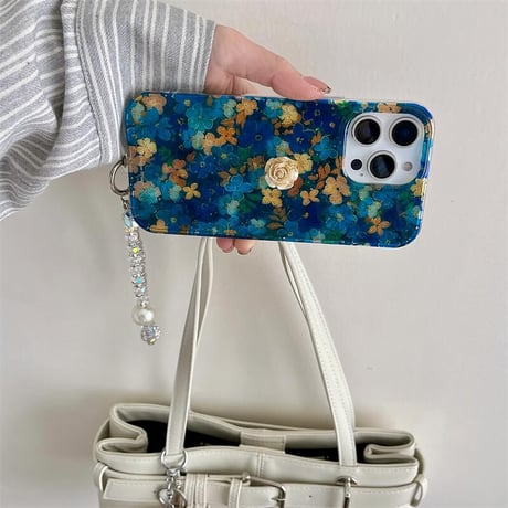 CUTECASE花柄 iphone16/16proケース ブルー iphone15pro/14/13proケース ジュエリーストラップ付 女子力高い CM5053