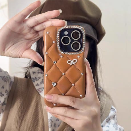 CUTECASEダイヤ/リボンデコ iPhone17ProMax/17Proケース キルティングレザー iPhone17/16Pro/15ケース セレブ愛用 高透明CM5737