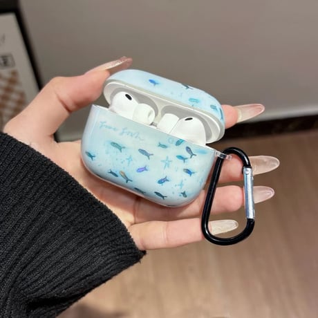 CUTECASE 海 魚 AirpodsPro3ケース グラデーションブルー Airpods4/3カバー AirpodsPro第2/1世代 カラビナ付き おしゃれCM6354