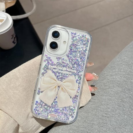 CUTECASE 動くダイヤ iPhone16pro/17ケース リボン柄 透明iPhone15pro/14/13カバー オシャレ キラキラ 可愛い CM5557
