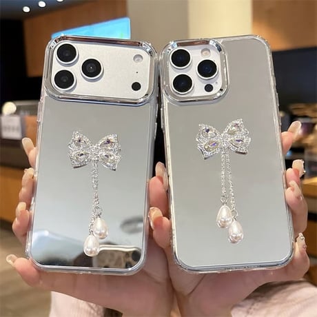 CUTECASE ダイヤリボンフリンジ ミラー iPhone17Pro/17eケース オシャレ iPhone16/15pro/SE3/14/13カバー 光沢感 綺麗 CM6468