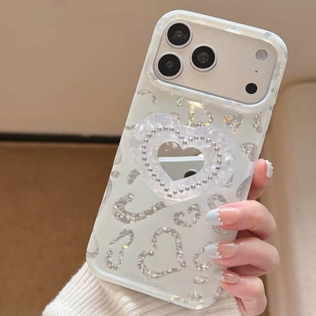 CUTECASEハート型ミラーグリップ iPhone17Promaxケース ホワイト ハート柄 iPhone16Pro/15promaxケース かわいい 多機能便利CM6526