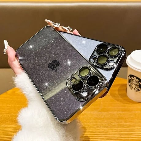 CUTECASE iPhone15/15proケース オシャレキラキラ アイフォン14/13カバー レンズフイルム一体型 ラメ入り CM3466