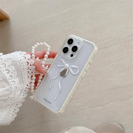 CUTECASE立体パールデコリボン iPhone16Pro/16ケース パールストラップ iPhone15Pro/14/13proカバー 大人可愛い 高級感 CM5205