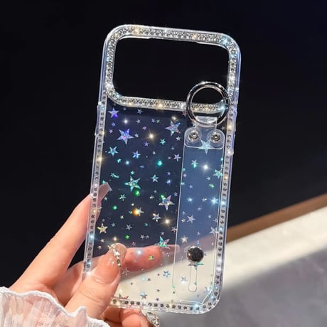 CUTECASEキラキラ光る iPhone17Pro/17ケース ベルト付 ジュエリライン iPhone16Promax/15Pro/14カバー リングスタンド付 美しい CM5840