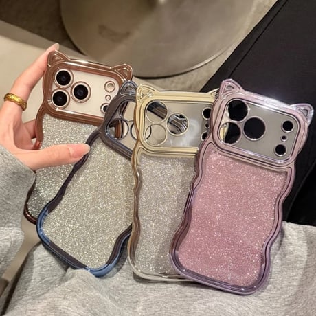 CUTECASE 猫の耳iPhone17Promaxケースラメ入りシール付き アイフォン16/15pro/14/13カバー オシャレ 可愛いうねうね メッキ CM2403
