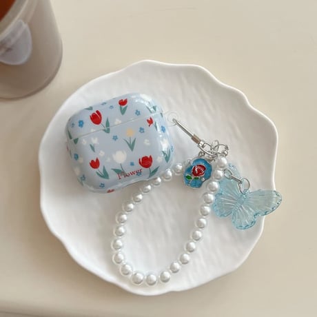 CUTECASE 花柄 Airpods Pro3ケース 蝶パールストラップ Airpods 4/3カバー AirpodsPro2/1 存在感ある 春コーデ CM6134