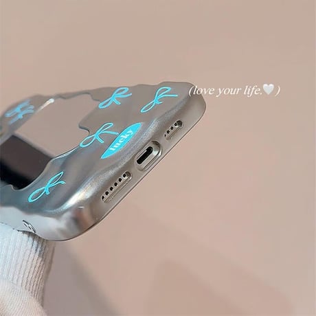 CUTECASE 鏡付 iPhone16pro/16ケース ブルーリボン柄 iPhone15pro/14/13promaxカバー ガーリーに人気 メイク直し鏡CM5533
