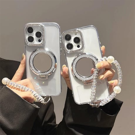 CUTECASEミラーリングスタンド アイフォン16/16proケース ジュエリー iPhone15pro/14/13proカバー オシャレストラップ 高透明 CM5506
