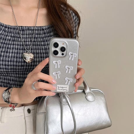 CUTECASEリボン iPhone15/15proケース レザー シルバー iPhone14pro/13pro/12ケース かわいい 高級感たっぷり CM4408