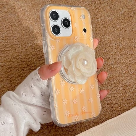 CUTECASEマグネット花グリップ iPhone17Pro/17ケース MagSafe対応 iPhone17ProMax/16/15Proカバー 韓国っぽい エレガント イエロー CM5850