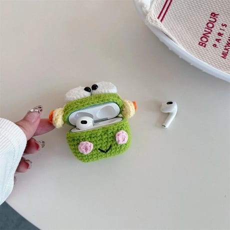 CUTECASEマニュアルニットカエル Airpods 4ケース ギフトに最適 Airpodspro2/proカバー Airpods3/2 カラビナ付 めっちゃ可愛いCM4893