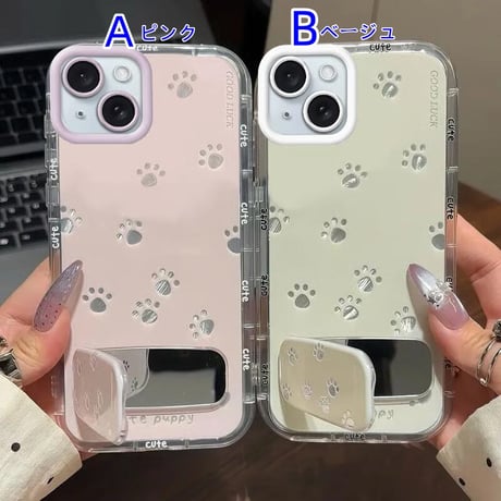 CUTECASE鏡付スタンド iPhone16ro/16Plusケース 猫の爪 iPhone15pro/14/SEカバー かわいい 淡色系 CM5473