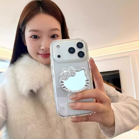 CUTECASE リボンミラー iPhone17Pro/17ケース ジュエリーデコ 透明 iPhone17ProMax/16/15/14カバー 可愛すぎ メイク直し鏡 スタンド CM5945