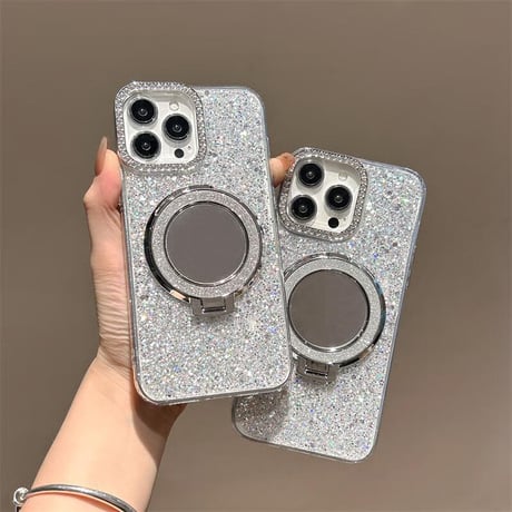 CUTECASEミラースタンド付 iPhone17/16proケース ジュエリー/ラメ入り iPhone15pro/14/SEカバー ダイヤストラップ 高級感CM5576