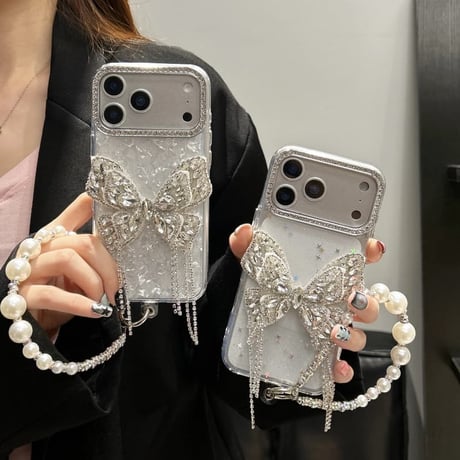 CUTECASE ジュエリー蝶デコ iPhone17Pro/17ケース キラキラ 綺麗 iPhone16Pro/15カバー パールストラップ 女子力高い CM5855