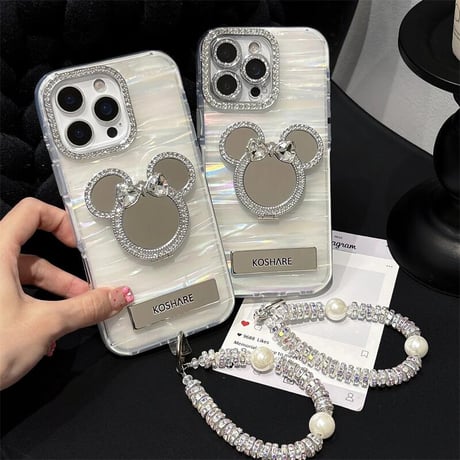 CUTECASE ダイヤ鏡スタンド iPhone17/17proケース シェル柄 iPhone16pro/15/14proカバー レンズカバー ストラップ 多機能高級感 CM5622