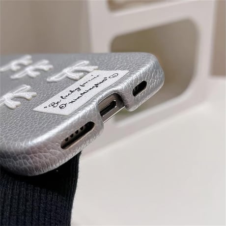 CUTECASEリボン iPhone15/15proケース レザー シルバー iPhone14pro/13pro/12ケース かわいい 高級感たっぷり CM4408