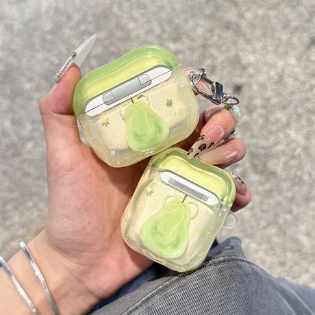 CUTECASE梨柄 Airpods4ケース うねうね AirpodsPro2ケース airpods3/2カバー キーホルダー 女子に人気 涼しい感じCM5408