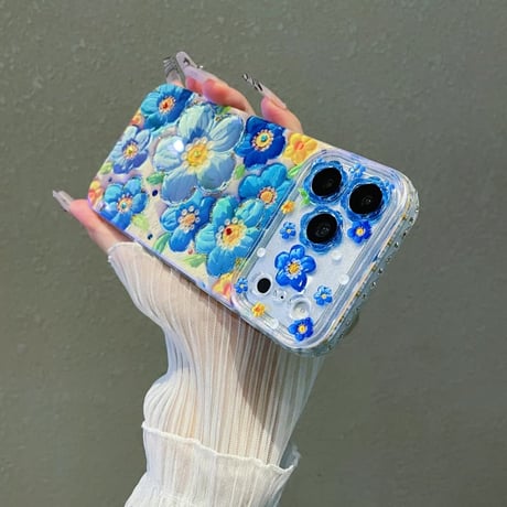 CUTECASE 油絵花 iPhone17Promaxケースストーンライン iPhone16Pro/15/14ケース 光沢感 可愛い 美しいCM6207