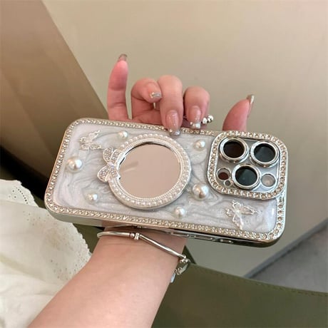 CUTECASE パールリボンミラー iPhone16/17proケース セレブ愛用エレガント iPhone15promax/14/13proカバー ジュエリーデコ ガールズファッション CM5636