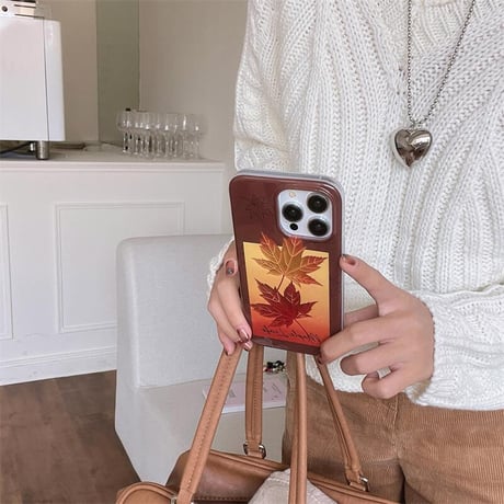 CUTECASE紅葉 iphone16/16proカバー オシャレストラップ iphone15pro/14/13ケース 秋冬に流行る CM4968