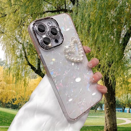 CUTECASE キラキラレンズカバー iPhone16Pro/16plusケース パールハートデコ アイフォン14プロ/13promax/12カバー 黄ばまないCM4610