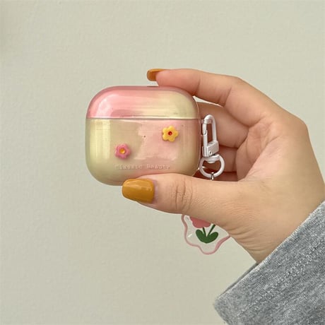 CUTECASE韓国風花 Airpods4ケース グラデーションカラー AirpodsPro2ケース airpods3/2カバー かわいい キーチェーン付 淡色系 CM5335