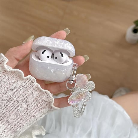 CUTECASE シェル柄 Airpods4ケース 蝶ストラップ AirpodsPro2ケース airpods3/2ケース 艶感 高級感 女子力高いCM5462