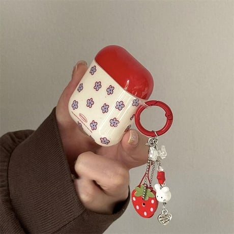 CUTECASE赤花柄 Airpods４ケース キーチェーン付き Airpods3/Pro2ケース airpodsproカバー 大人可愛い 春夏向けCM5195