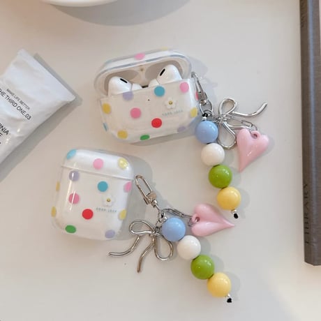 CUTECASE 多彩水玉模様 Airpods Pro3ケース ハートリボンキーホルダ付き Airpods 4/3カバーケース AirpodsPro2/1 かわいい ギフトにおすすめ CM6401