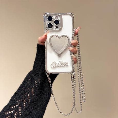 CUTECASEミラーリングスタンド iPhone17Promaxケースチェーン/パールストラップ iPhone16Pro/15promaxケース 可愛い便利 多機能 CM6429