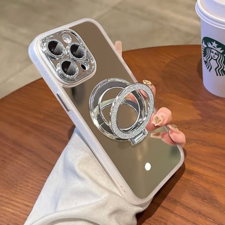 CUTECASE ミラー iPhone17Pro/17ケース 鏡スタンドリング付 iPhone17ProMax/16Pro/15カバー キラキラカメラカバー付 艶感 オシャレ CM5934