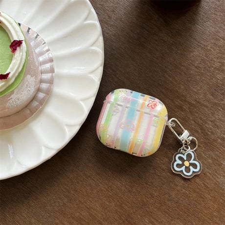 CUTECASE韓国風 エアポッズ4ケース 花柄 縞模様 Airpods3/Pro2ケース airpodspro2カバー キーチェーン付 ギフトにおすすめCM5390