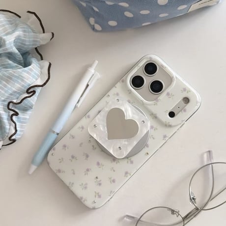 CUTECASE ハートミラーリングスタンド iPhone17Promaxケース MagSafe対応 iPhone16Pro/15/14ケース ダイヤデコパープル花柄 甘めコーデ CM6471