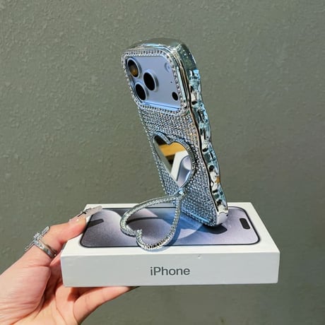 CUTECASE ハート型ミラーリングスタンド iPhone17/17proケース ジュエリーデコ iPhone16/15Pro/14Promaxカバー うねうねライン 高級感 便利CM6201