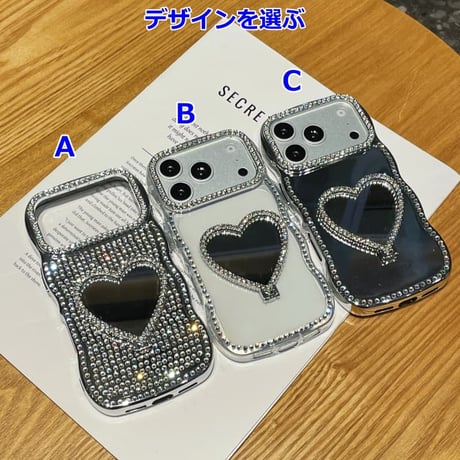 CUTECASE ハート型ミラーリングスタンド iPhone17/17proケース ジュエリーデコ iPhone16/15Pro/14Promaxカバー うねうねライン 高級感 便利CM6201