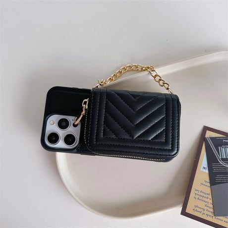 CUTECASEカード/小物入れ付 アイフォン15プロ/15ケース レザー ショルダーチェーン付 iPhone14pro/13/12promaxカバー 高級感 セレブ愛用CM4253