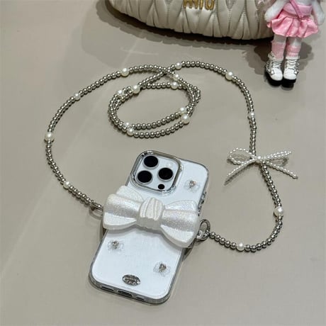 CUTECASEファッションデザインリボンショルダーチェーン iPhone16pro/16ケース ハートダイヤ iPhone15/14pro/13promaxカバー 女子 CM5189