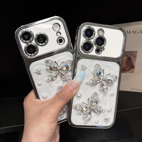 CUTECASE iPhone17Promaxケースダイヤ蝶 パール iPhone17/16Pro/15Proケース 豪華 オシャレ キラキラ感 CM6294