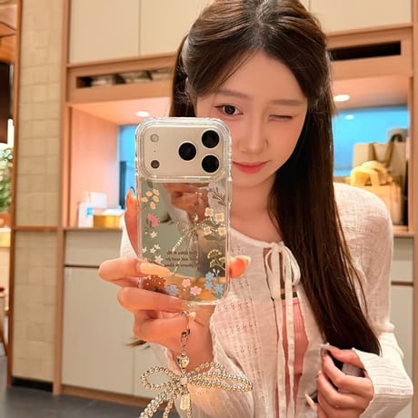 CUTECASE 花柄ミラー iPhone17pro/17カバー リボンキーホルダー iPhone16/15proケース 可愛い 女子力高いCM6157
