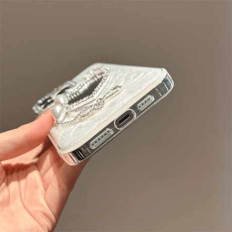 CUTECASE ジュエリーリボンフリンジ iPhone17/16proケース ハート型ミラー iPhone15pro/14/SEカバー 蝶 ストラップCM5608