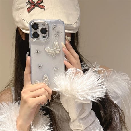 CUTECASEパール/ジュエリー蝶々 iPhone16/16Proケース ストラップ付 iPhone15Pro/14/13proカバー 華やか キラキラ 高品質 CM5150