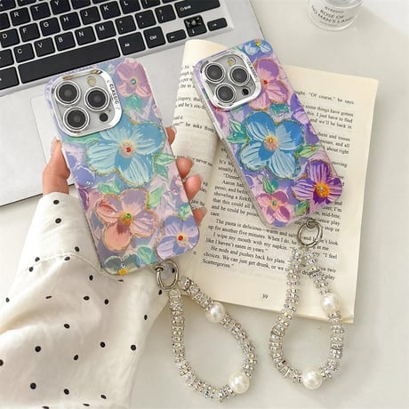 CUTECASE油絵の花 iPhone15Pro/15カバー お洒落ストラップ付 アイフォン14プロ/13/12ケース 光る 女子力アップ CM4555